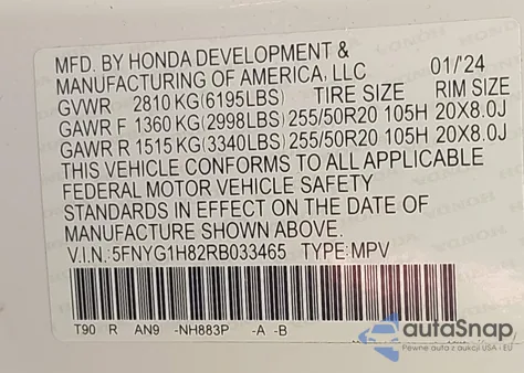 2024 Honda Pilot Elite из США, поврежденный, VIN 5FNYG1H82RB033465